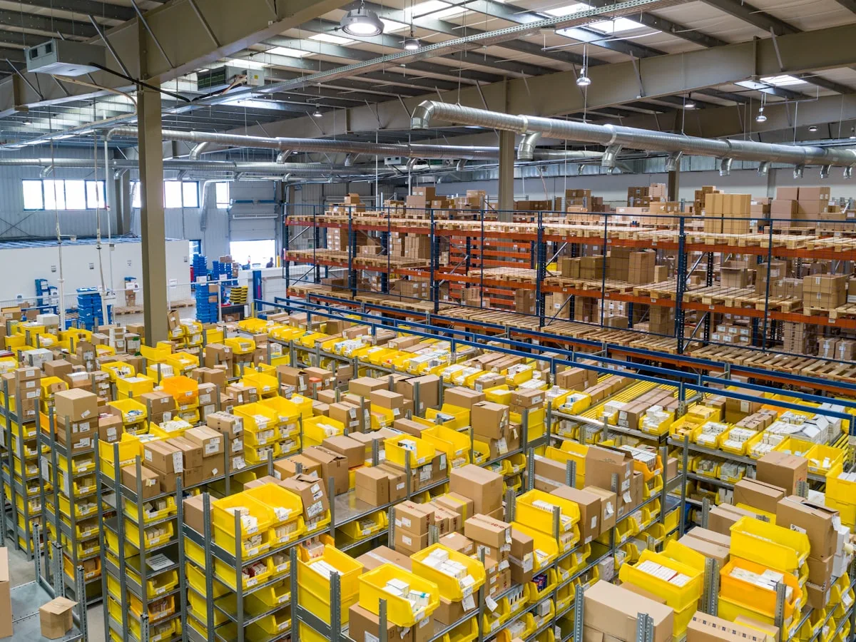 Automated modern warehouse with organized inventory shelving