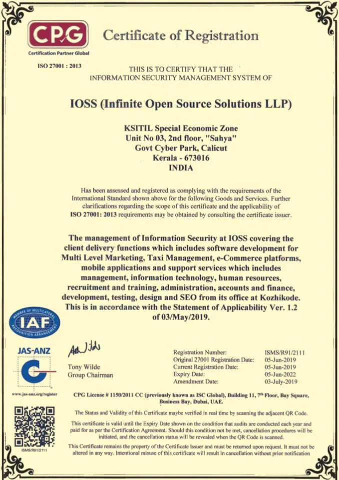 iOSS ISO 27001:2013 Certificate